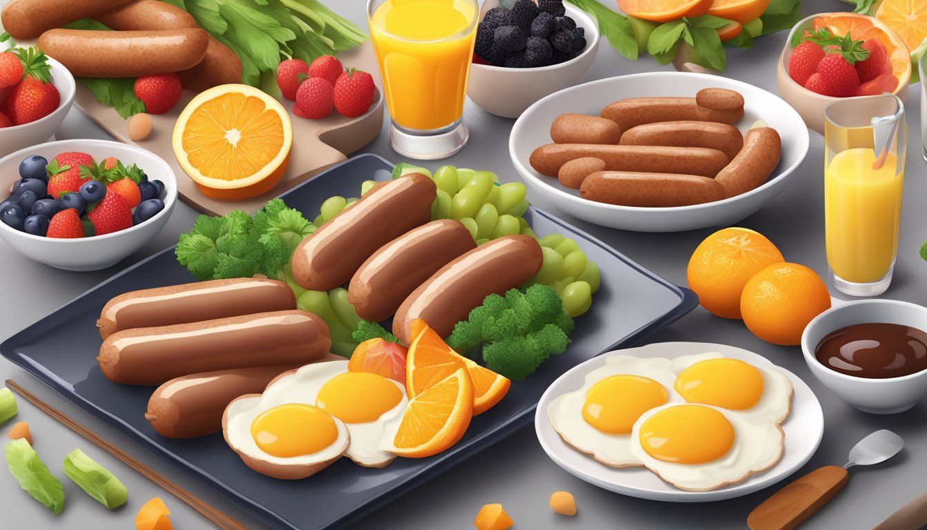 A plate of breakfast sausages surrounded by colorful fruits and vegetables, with a glass of orange juice on the side