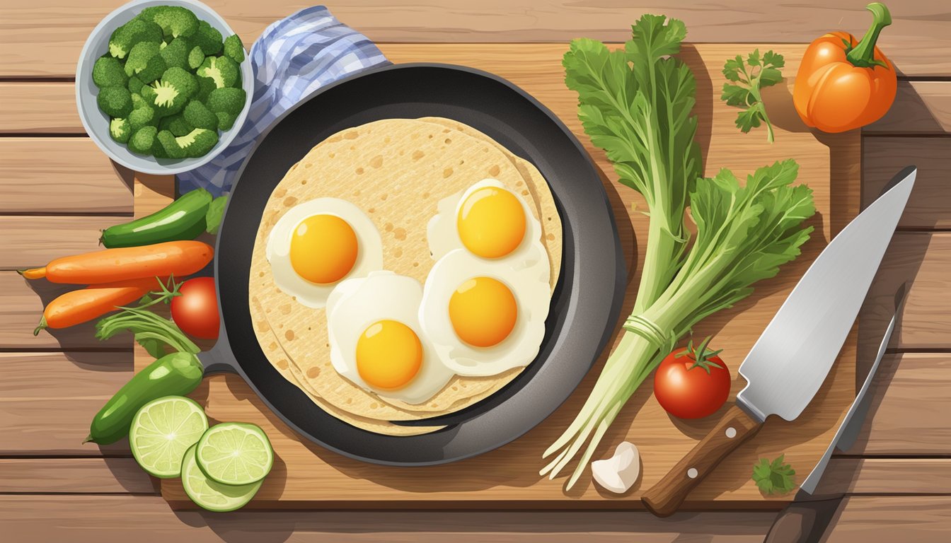 A colorful array of fresh vegetables, eggs, and whole grain tortillas arranged on a wooden cutting board, with a skillet and spatula nearby