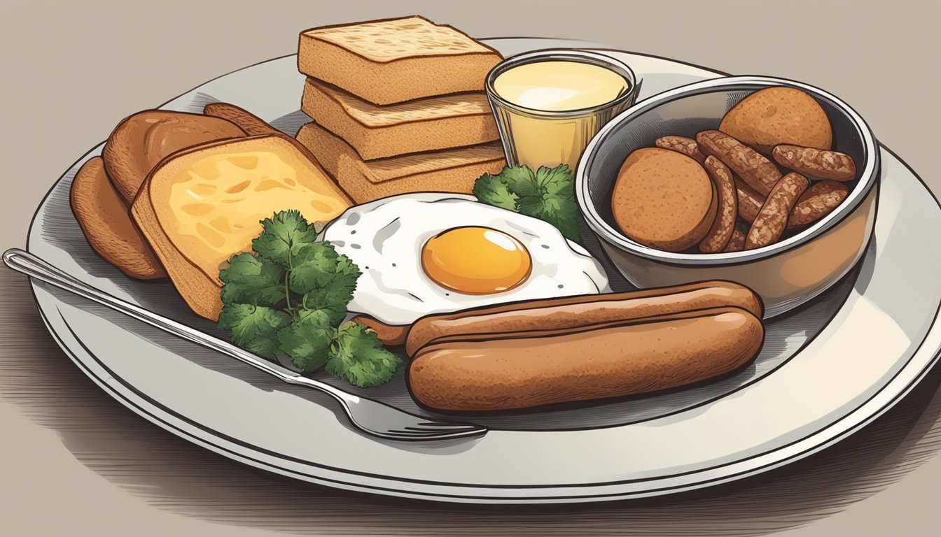 A plate with a variety of breakfast foods, including both regular and healthier options, with a focus on a serving of breakfast sausages