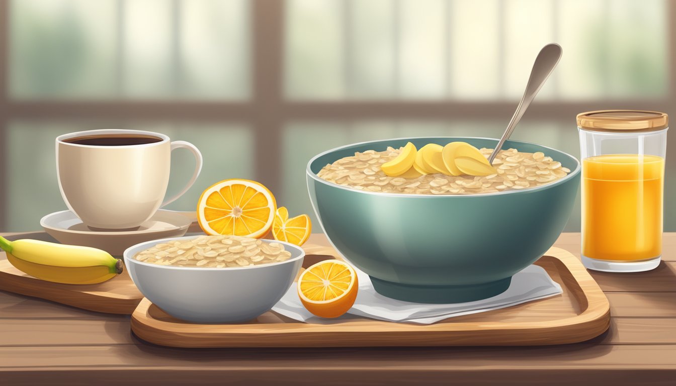 A bowl of oatmeal topped with sliced bananas and honey, a glass of orange juice, and a cup of herbal tea on a wooden breakfast tray