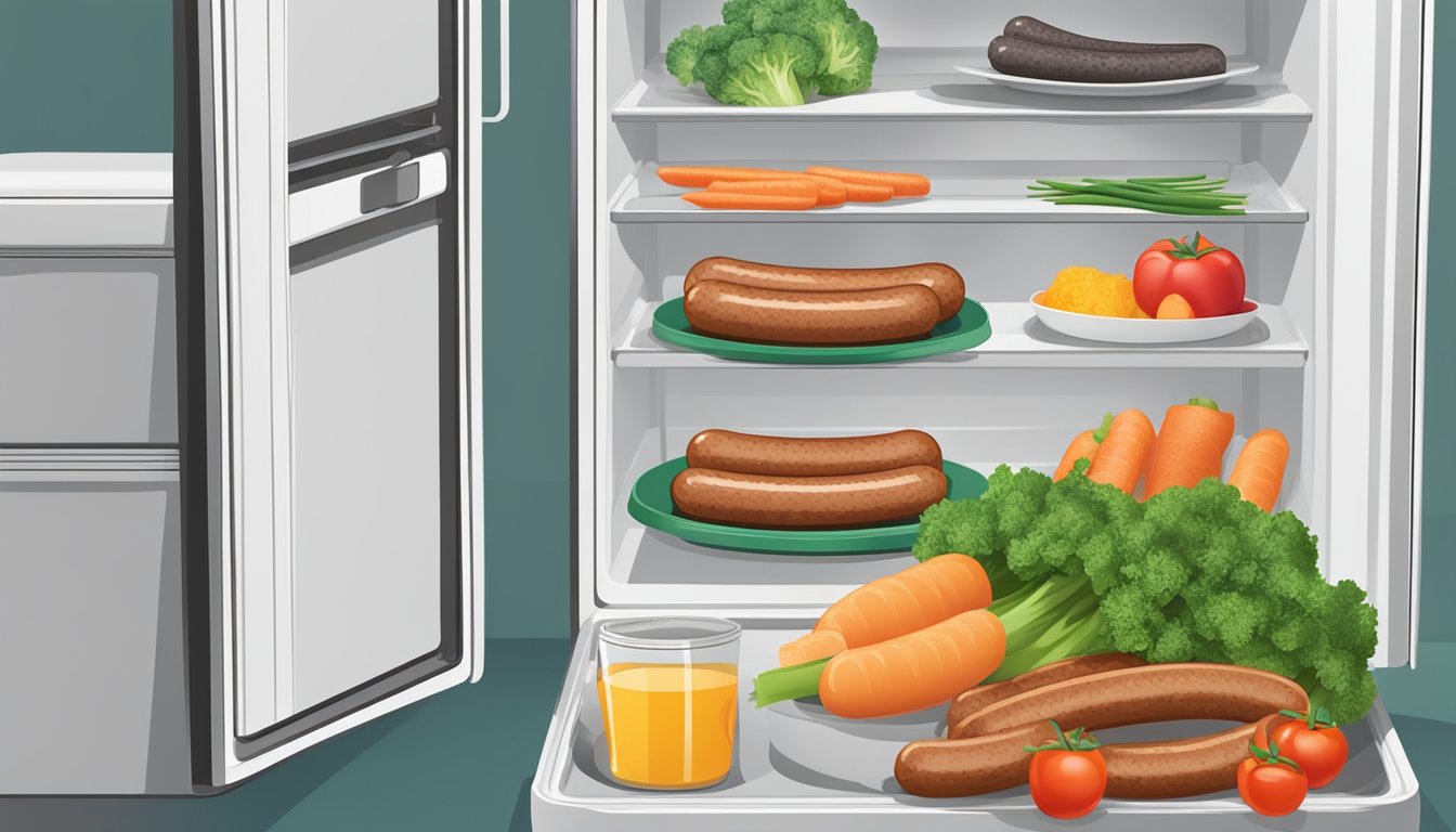 A plate of breakfast sausages sits next to a container of fresh vegetables in a well-organized refrigerator