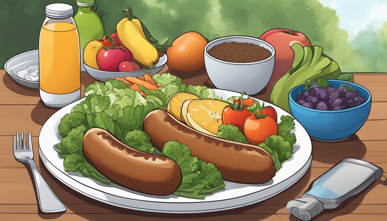 A plate of sizzling breakfast sausages surrounded by vibrant, fresh vegetables and fruits, with a reusable water bottle and a compost bin nearby