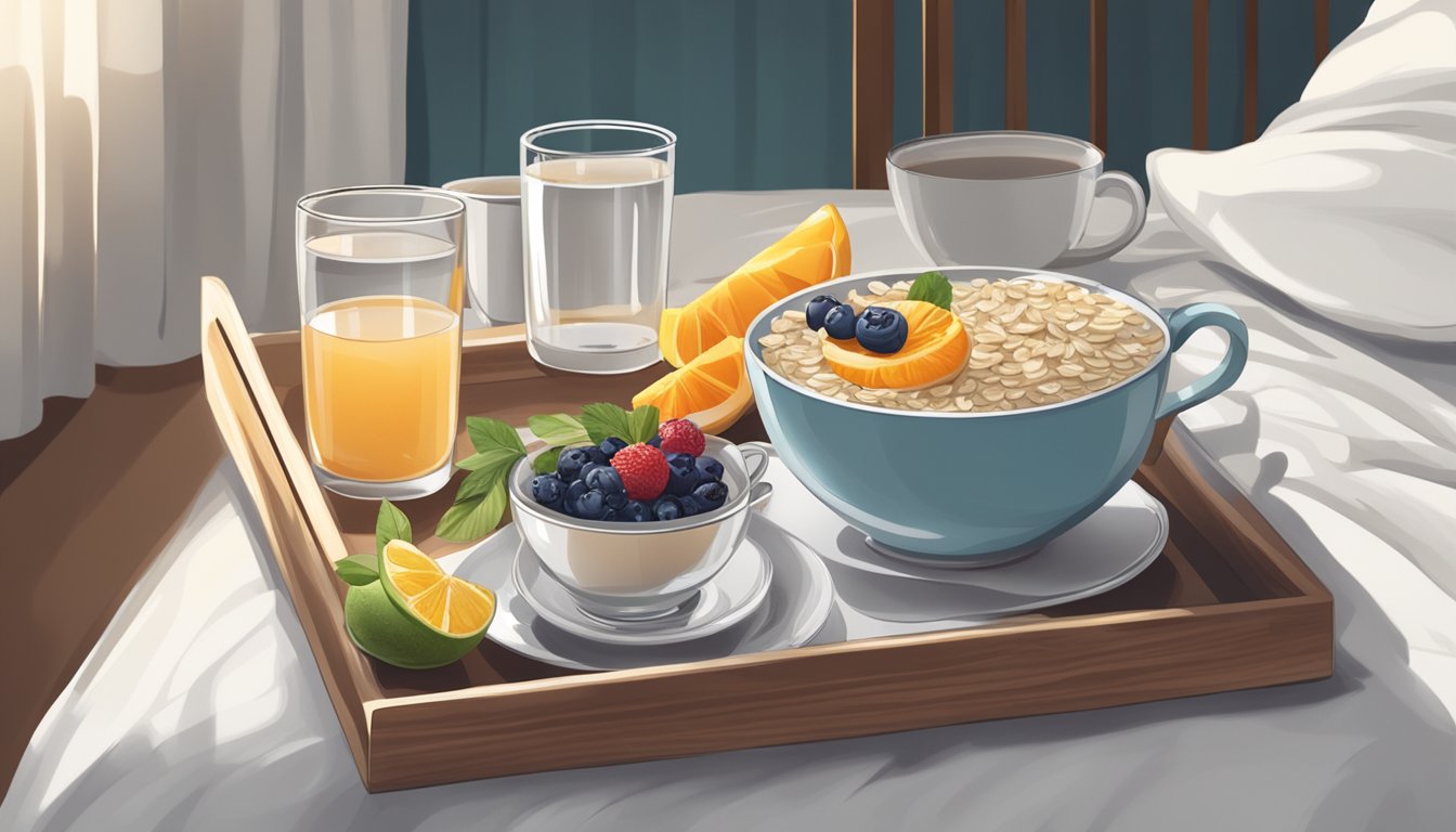 A tray with a bowl of oatmeal, a cup of herbal tea, a plate of sliced fruit, and a glass of water on a bedside table