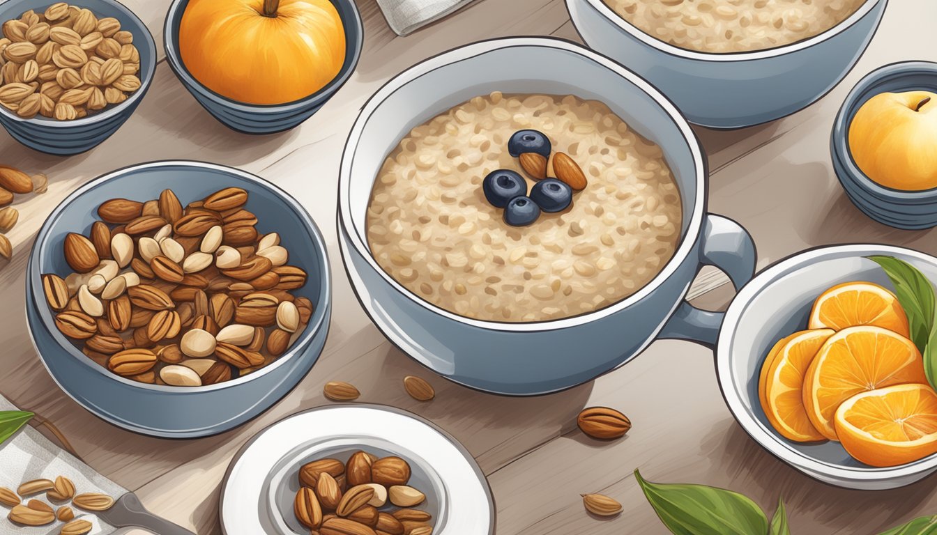 A cozy kitchen table set with a steaming bowl of oatmeal, a cup of herbal tea, and a plate of sliced fruit and nuts