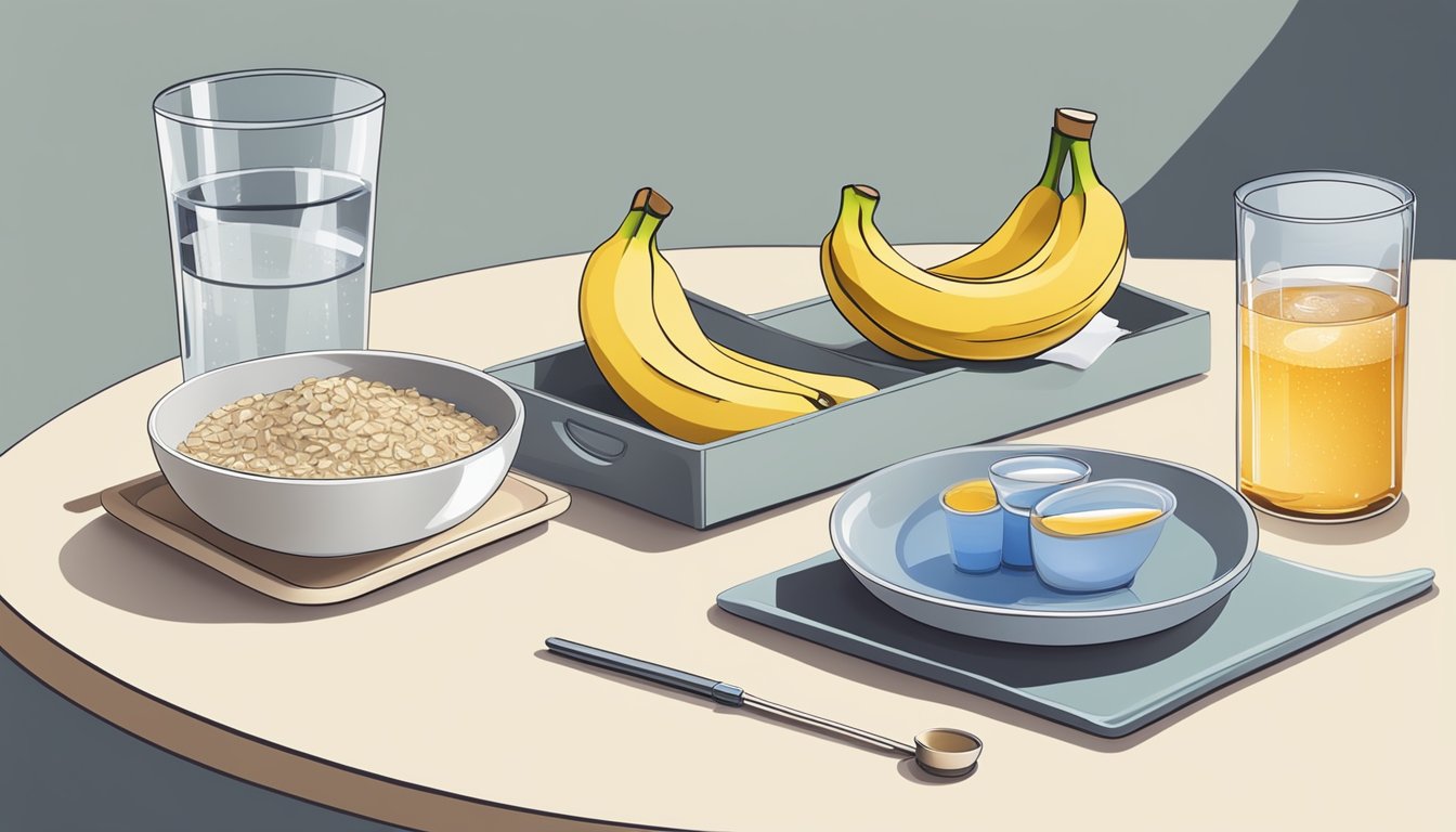 A bowl of plain oatmeal with a sliced banana, a cup of herbal tea, and a glass of water on a tray next to a thermometer and a box of tissues