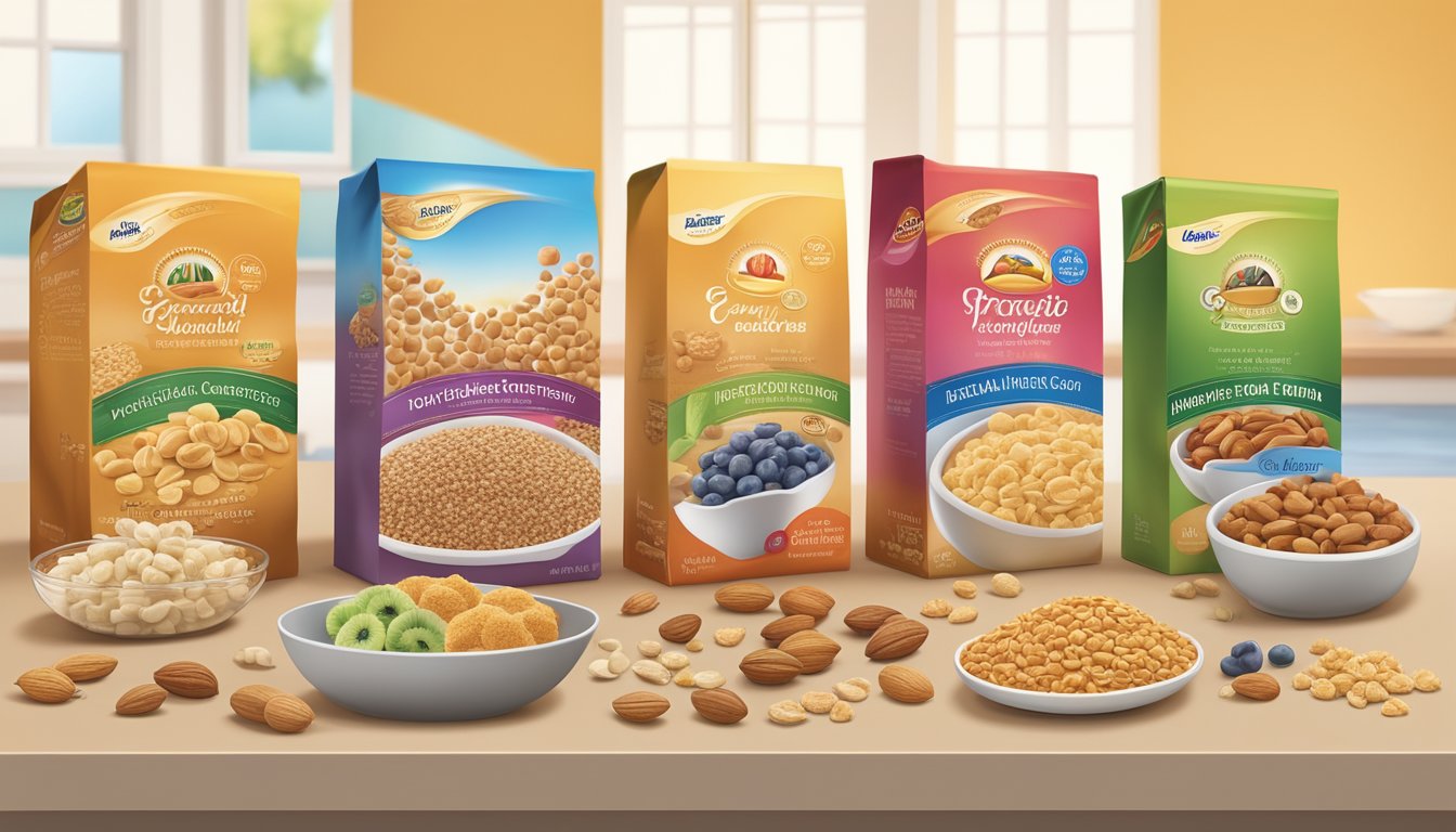 A variety of cereal ingredients such as grains, fruits, and nuts are displayed next to a lineup of fortified breakfast cereals, showcasing their high quality and nutritional value