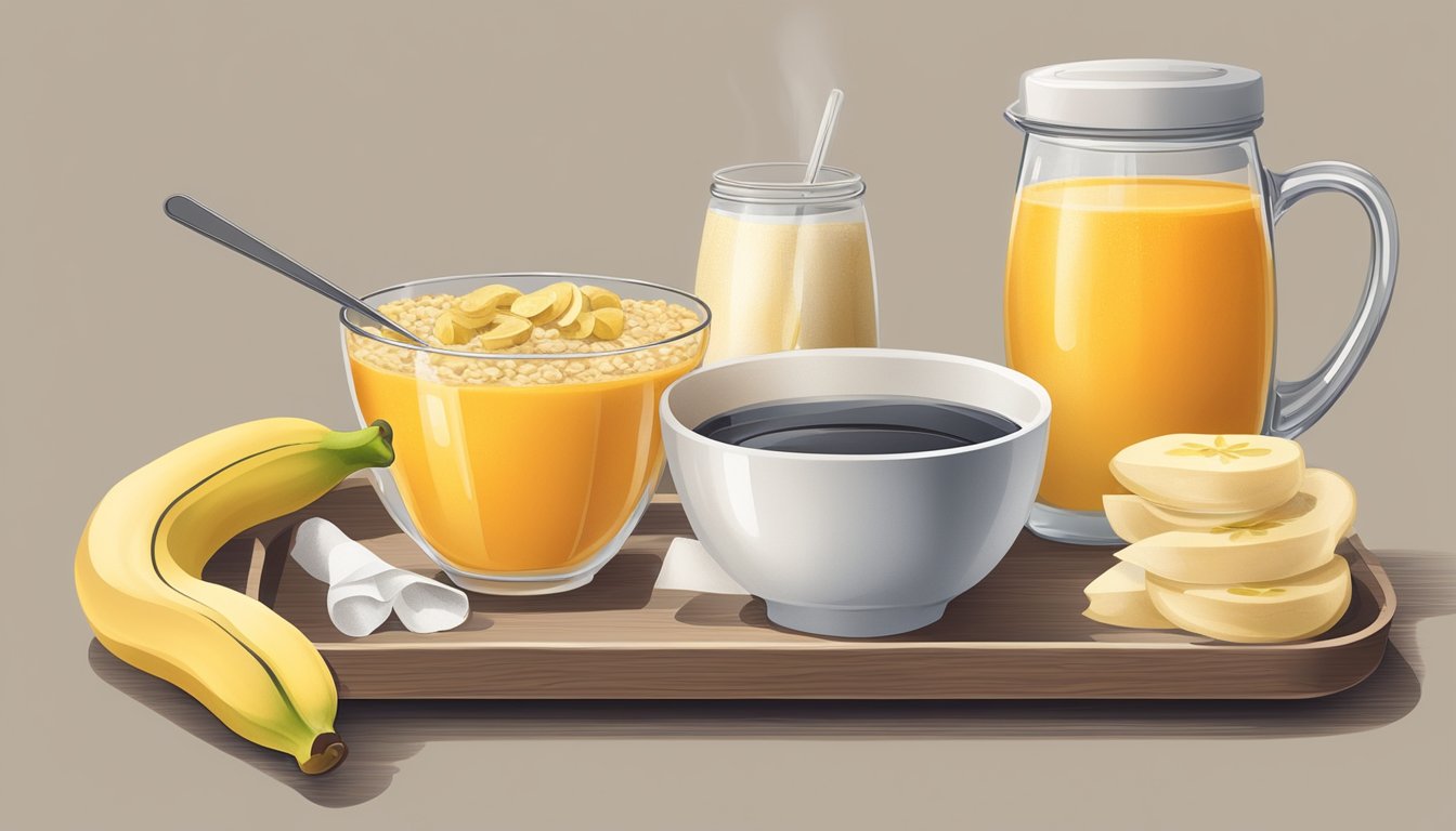 A bowl of oatmeal topped with sliced bananas, a glass of orange juice, and a cup of herbal tea on a tray next to a box of tissues and a thermometer