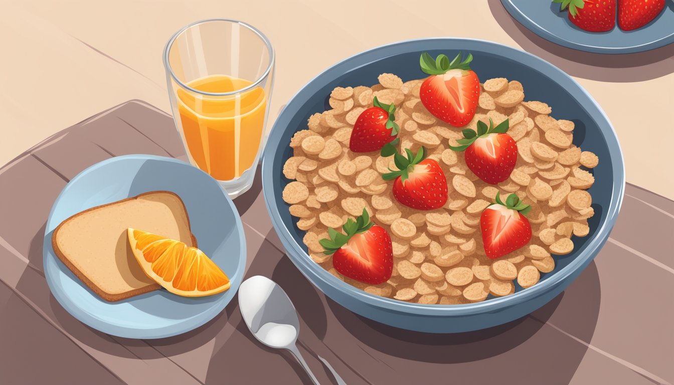 A bowl of fortified cereal with sliced strawberries, a glass of orange juice, and a side of whole grain toast with almond butter