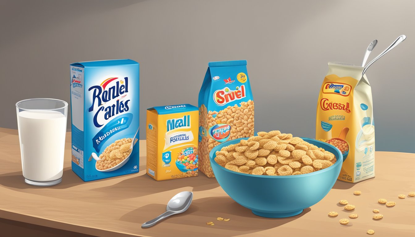 A kitchen table with a bowl of fortified cereal, a carton of milk, and a spoon. A box of popular cereal brands sits nearby