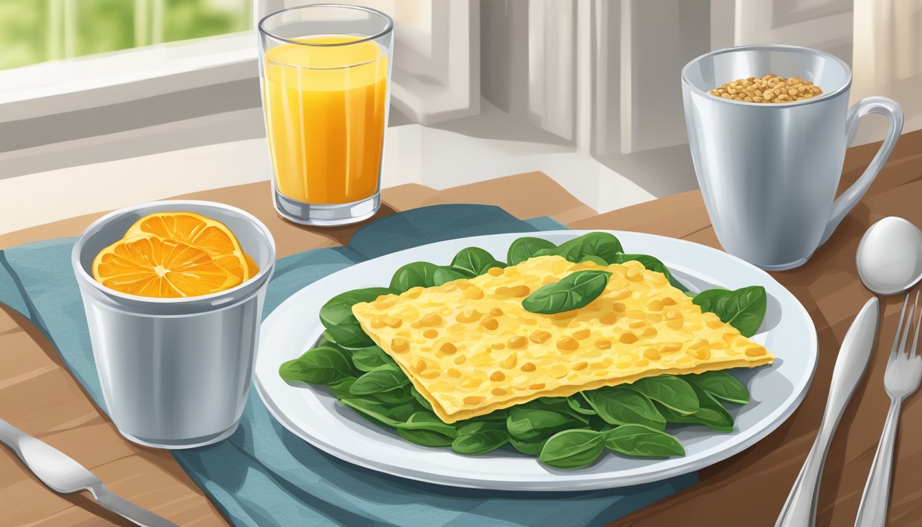 A breakfast table with a bowl of fortified cereal, a plate of spinach omelette, and a glass of orange juice