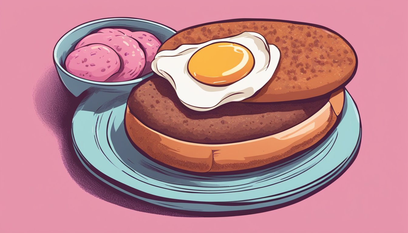 A breakfast sausage sliced open, revealing a pink, undercooked interior. A concerned person looks at it with a frown