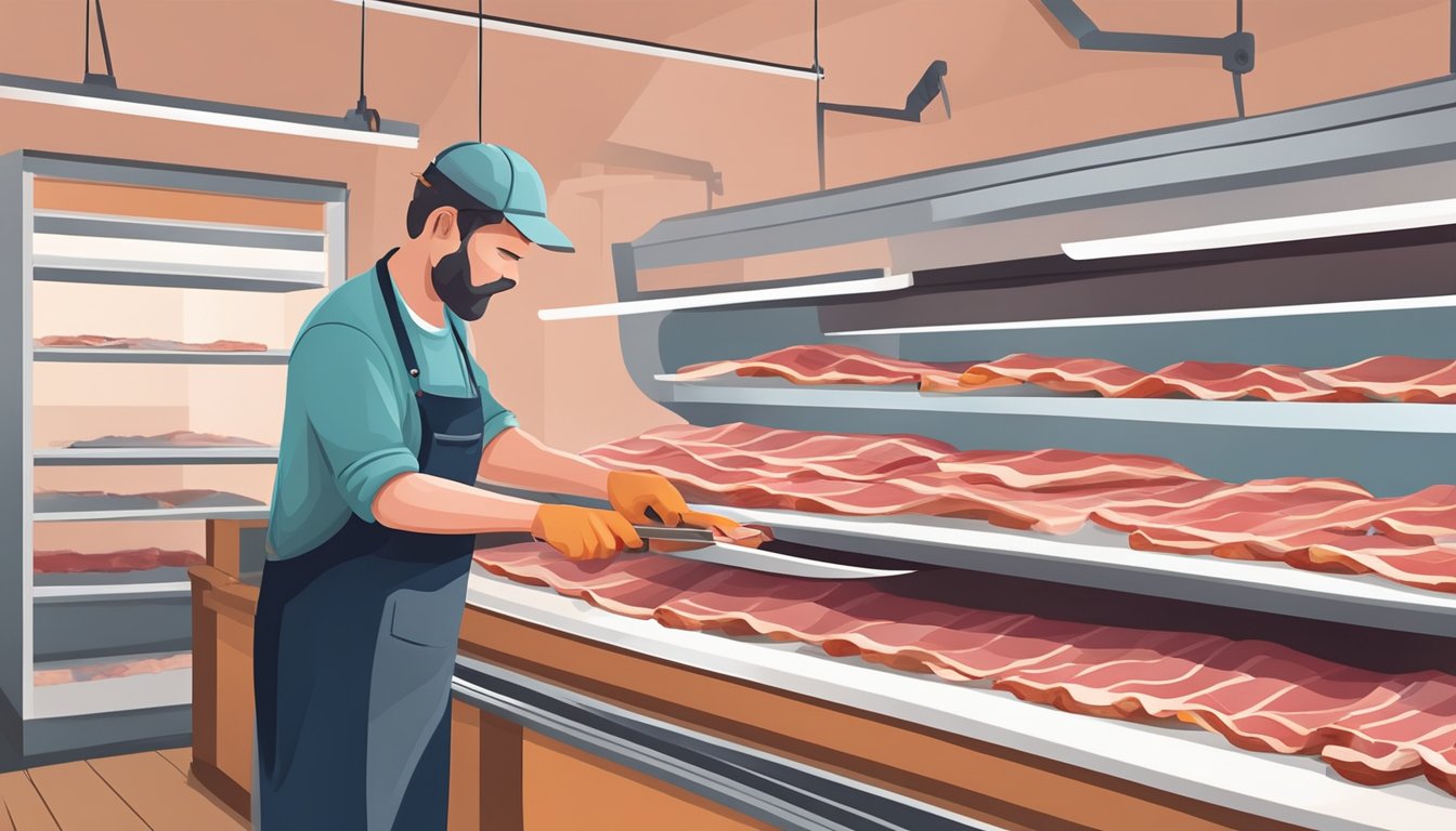 A farmer slicing fresh, unprocessed bacon from a pig carcass hanging in a butcher shop