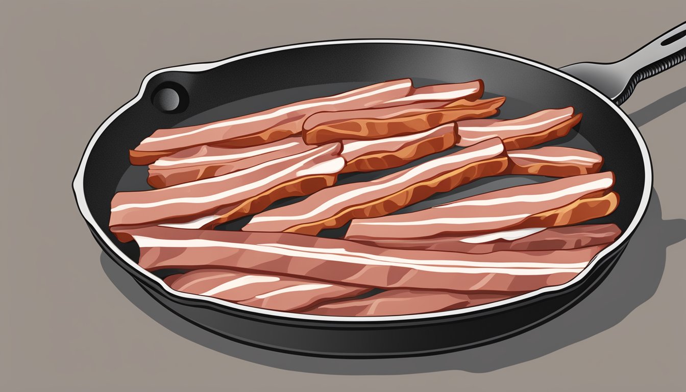 A whole, uncooked turkey bacon strip sizzling on a hot skillet