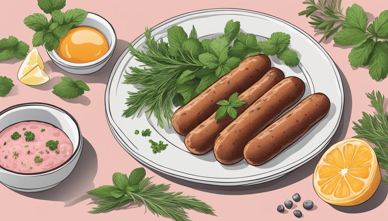 A plate of breakfast sausages, with one cut open to reveal a slightly pink interior. Surrounding the plate are fresh herbs and spices