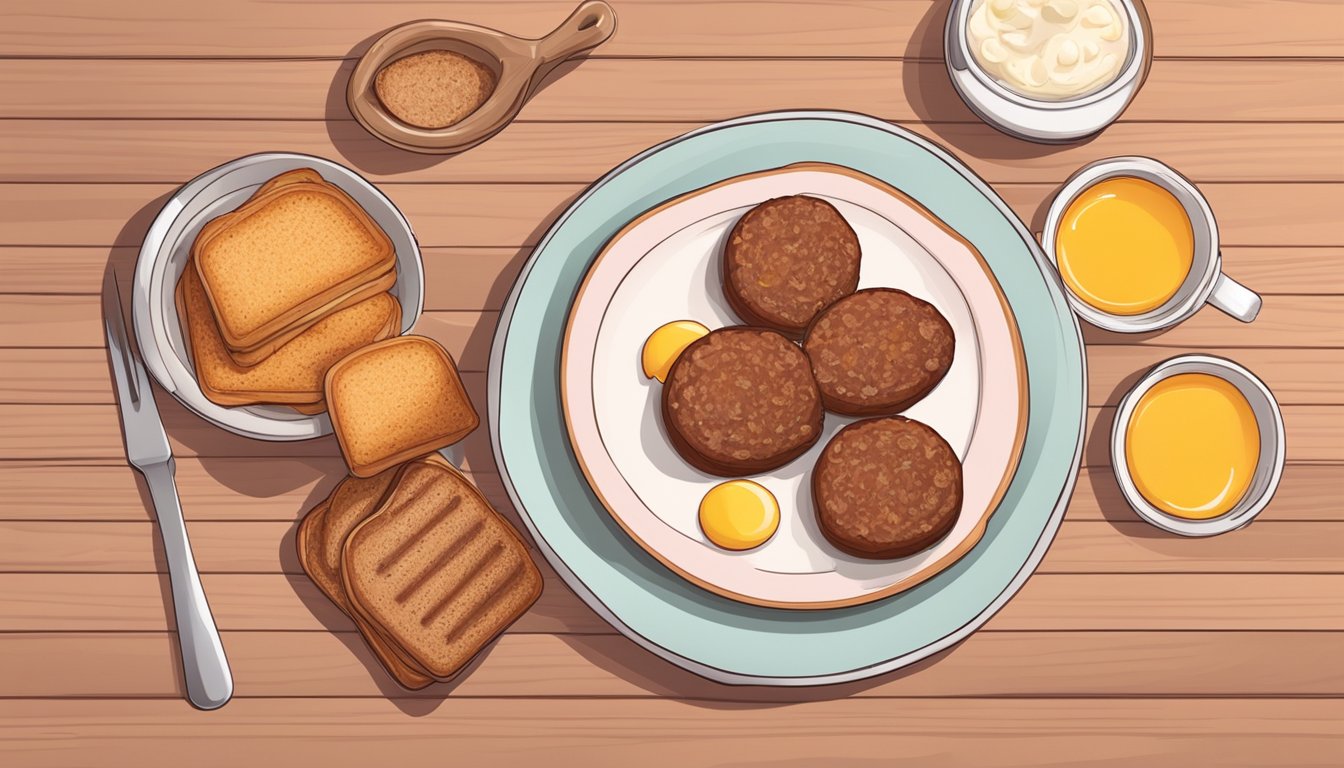 A plate of breakfast sausage with a slight pink hue, surrounded by eggs and toast on a wooden table