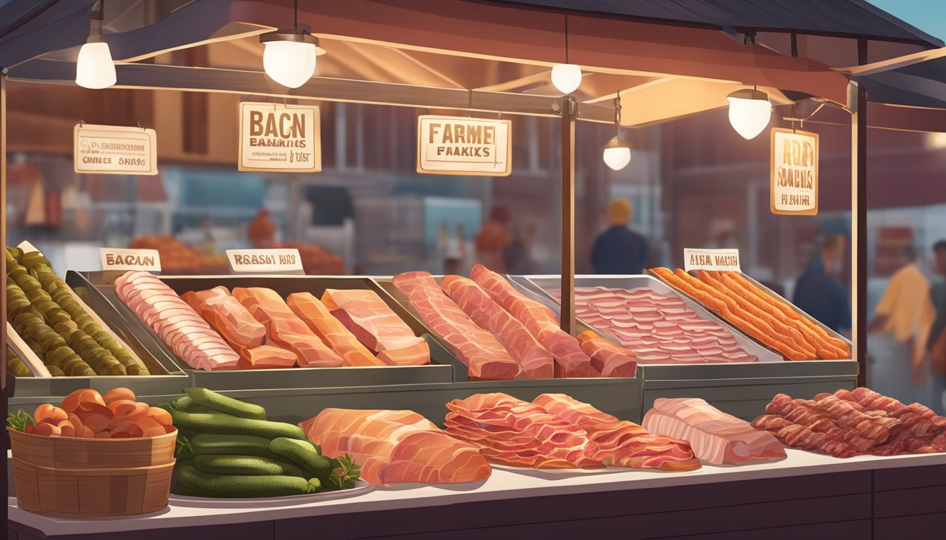 A farmer's market stall with a variety of fresh, unprocessed breakfast meats such as bacon, sausage, and ham on display