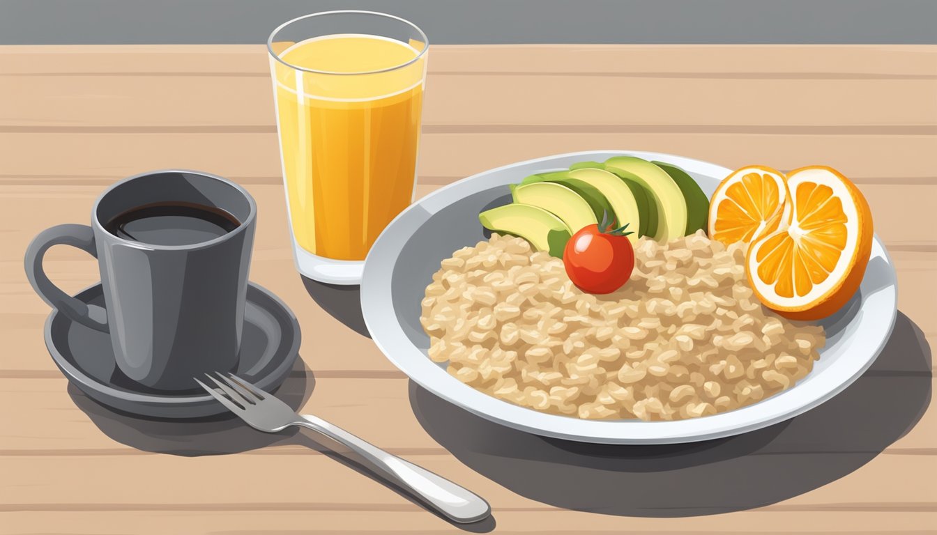 A bowl of oatmeal topped with sliced bananas, a glass of orange juice, and a plate of whole grain toast with avocado and tomato