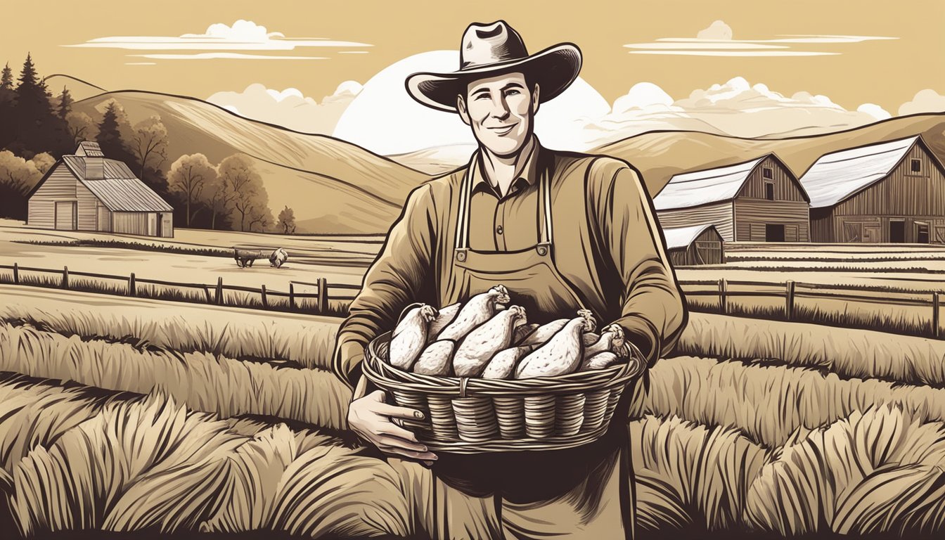 A farmer holding a basket of freshly slaughtered, organic chicken breasts, with a picturesque farm in the background