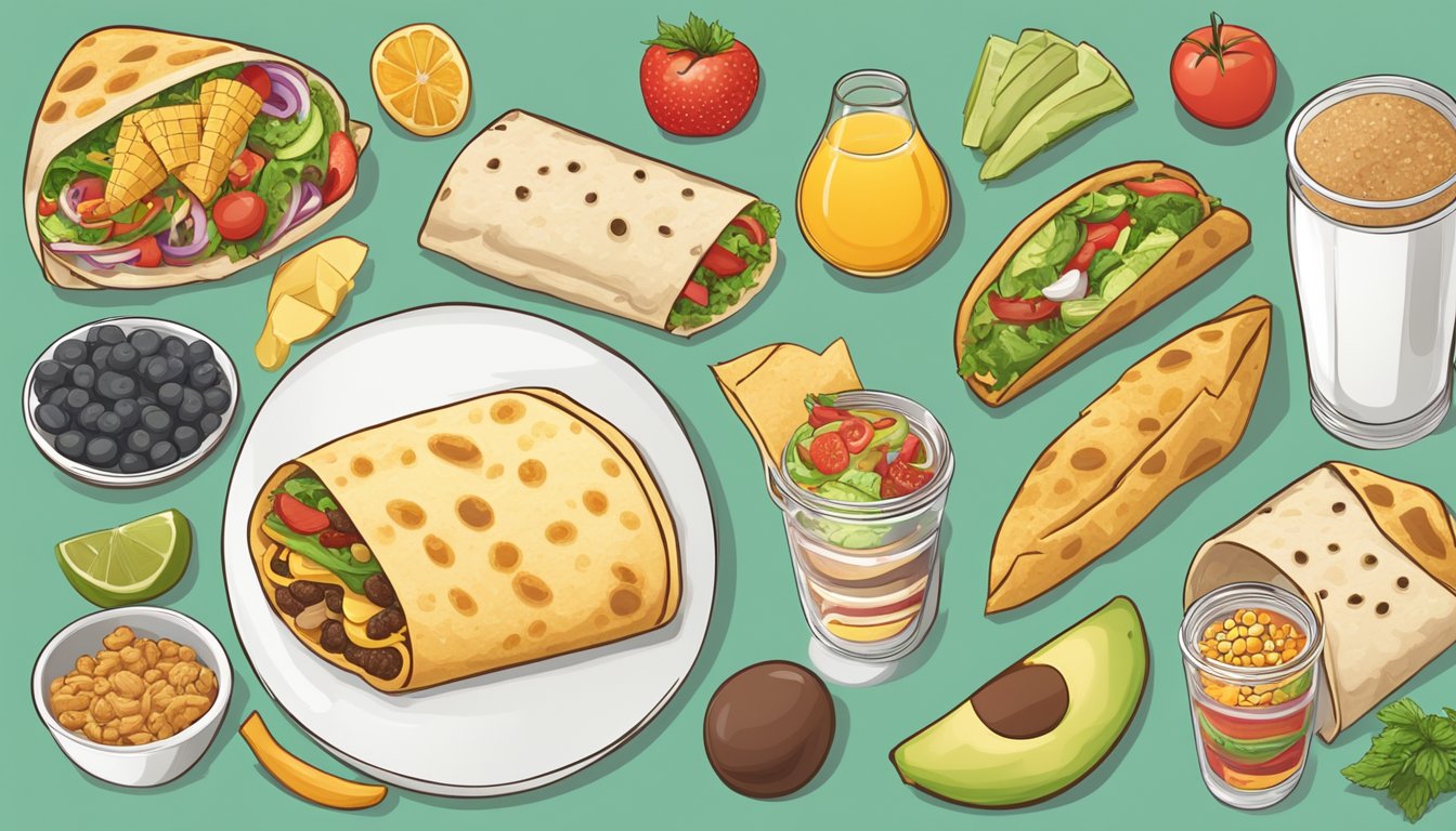 A breakfast burrito surrounded by question marks and a variety of healthy and unhealthy food options, with a scale in the background