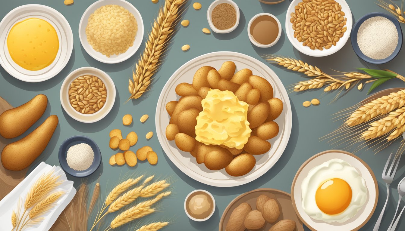 A plate of golden breakfast potatoes surrounded by whole grains, wheat stalks, and a variety of gluten-containing foods