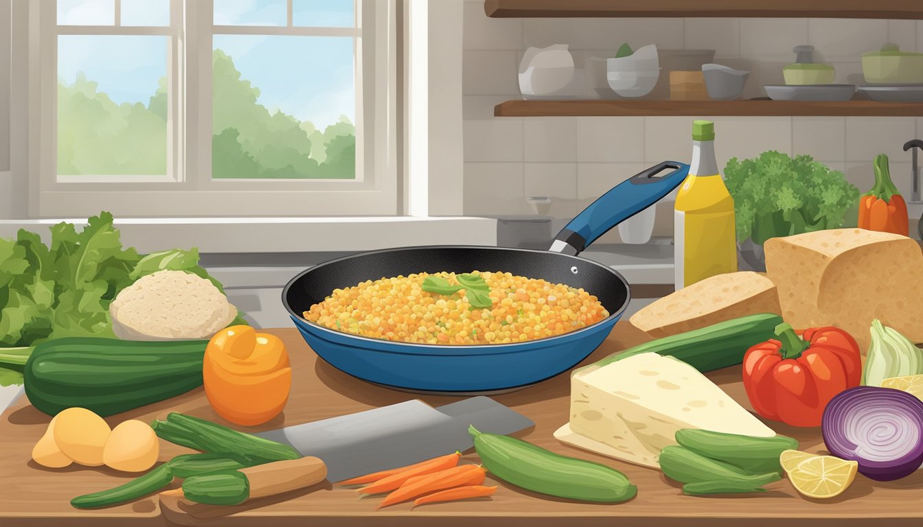 A colorful array of fresh vegetables, eggs, and whole grain tortillas arranged on a kitchen counter, with a skillet and spatula nearby