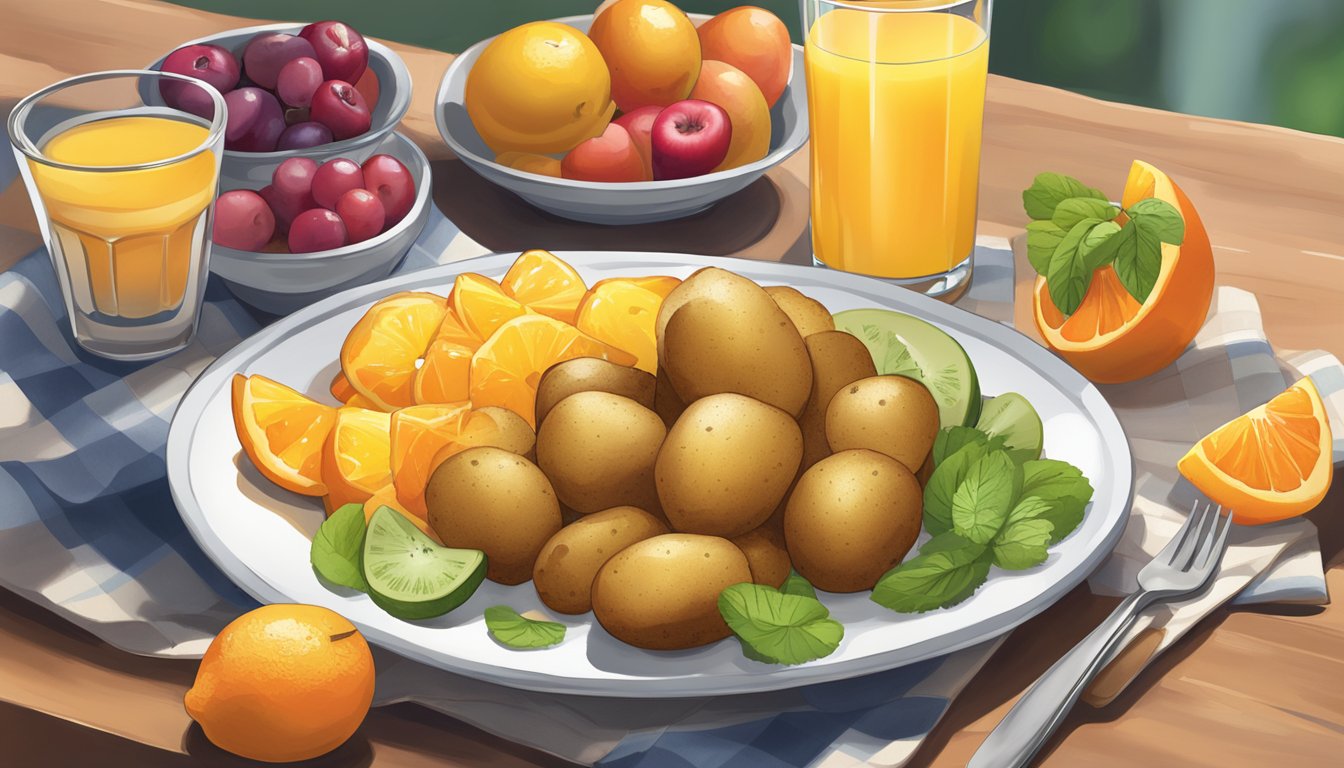 A plate of golden-brown breakfast potatoes sits beside a colorful array of fresh fruits and a glass of orange juice