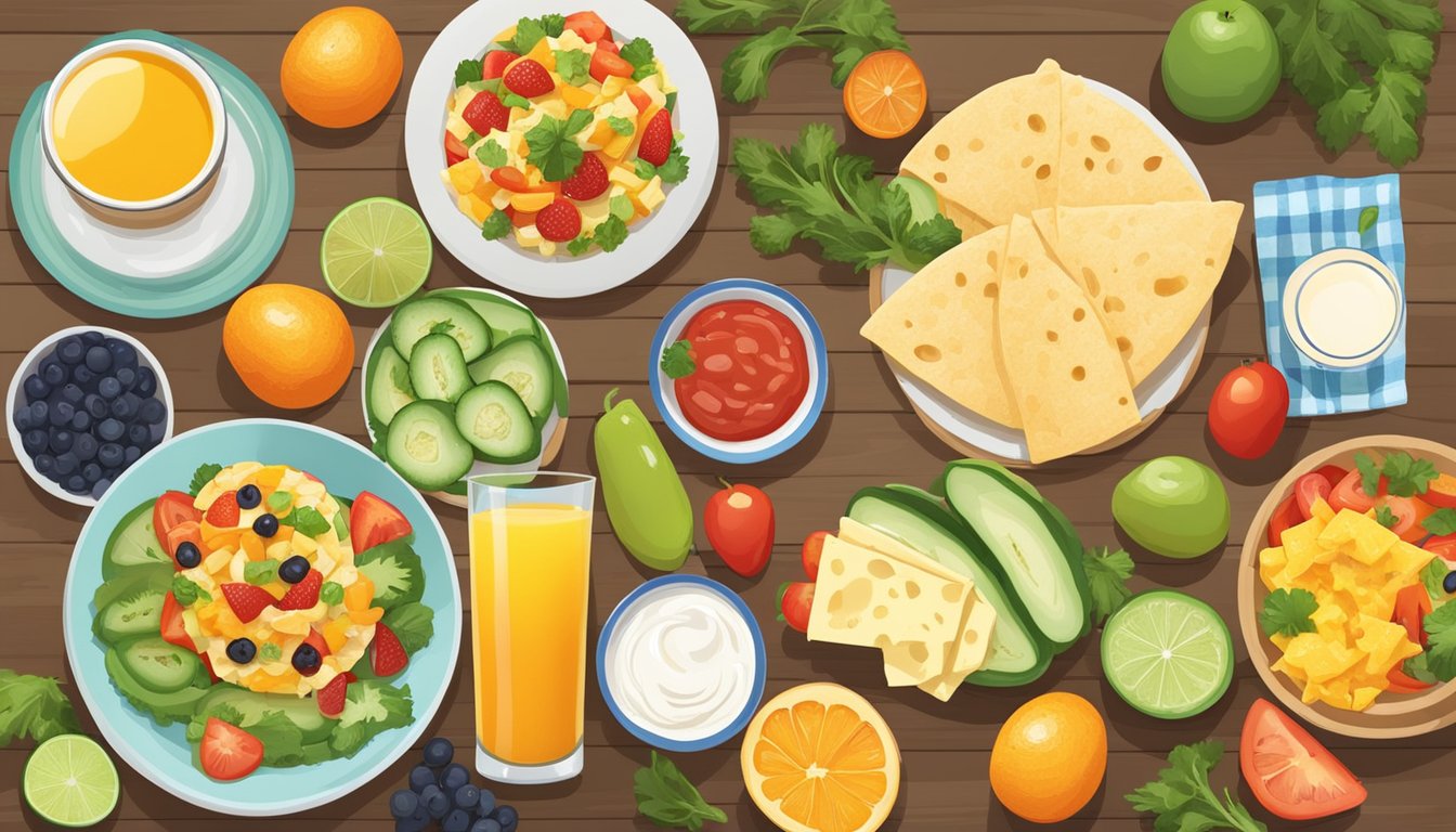 A table set with a colorful array of breakfast burrito ingredients, including eggs, vegetables, cheese, and salsa, surrounded by a variety of fresh fruits and a glass of orange juice