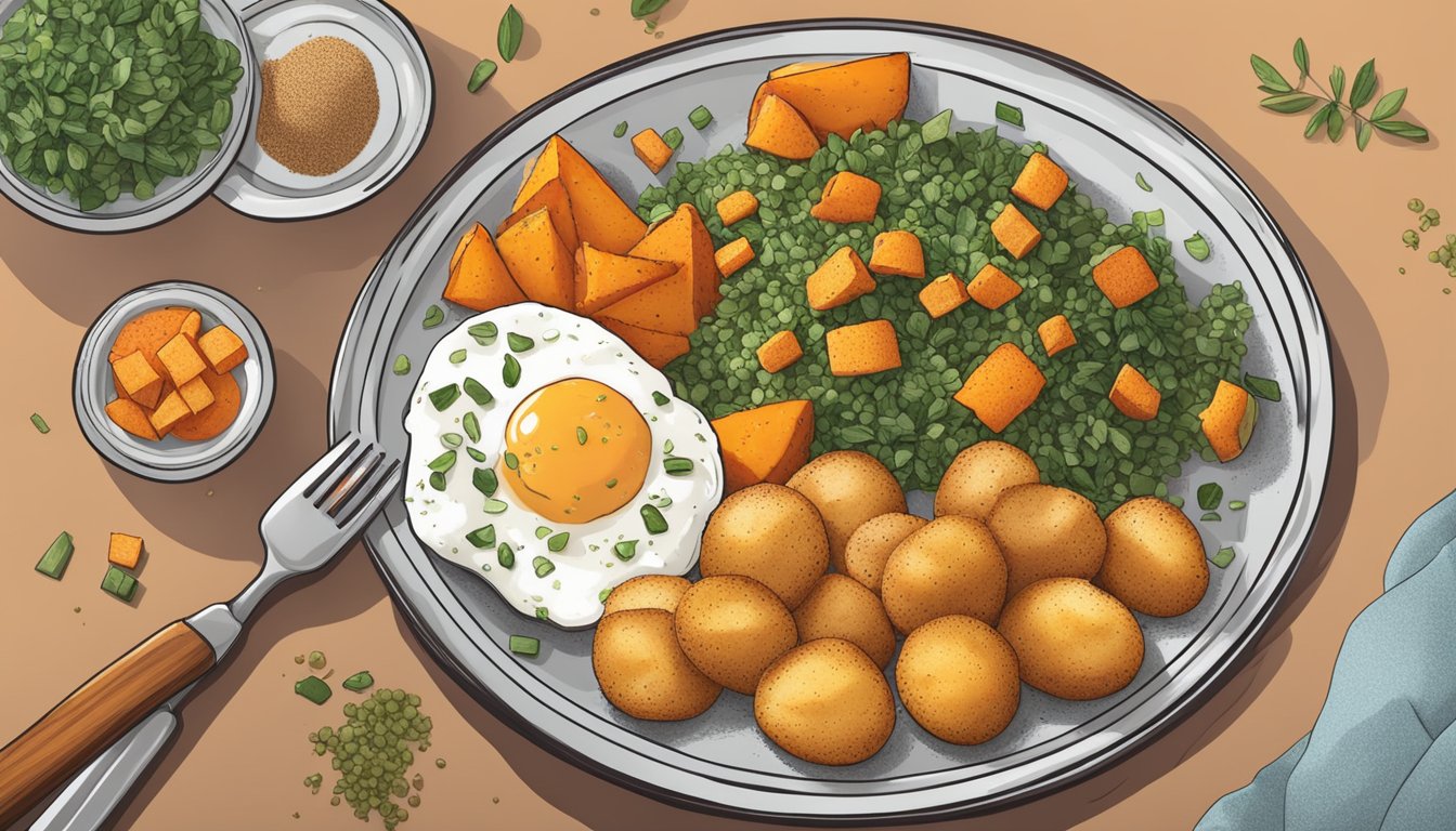 A plate with crispy breakfast potatoes, alongside gluten-free alternatives like quinoa and sweet potatoes, surrounded by various ingredients