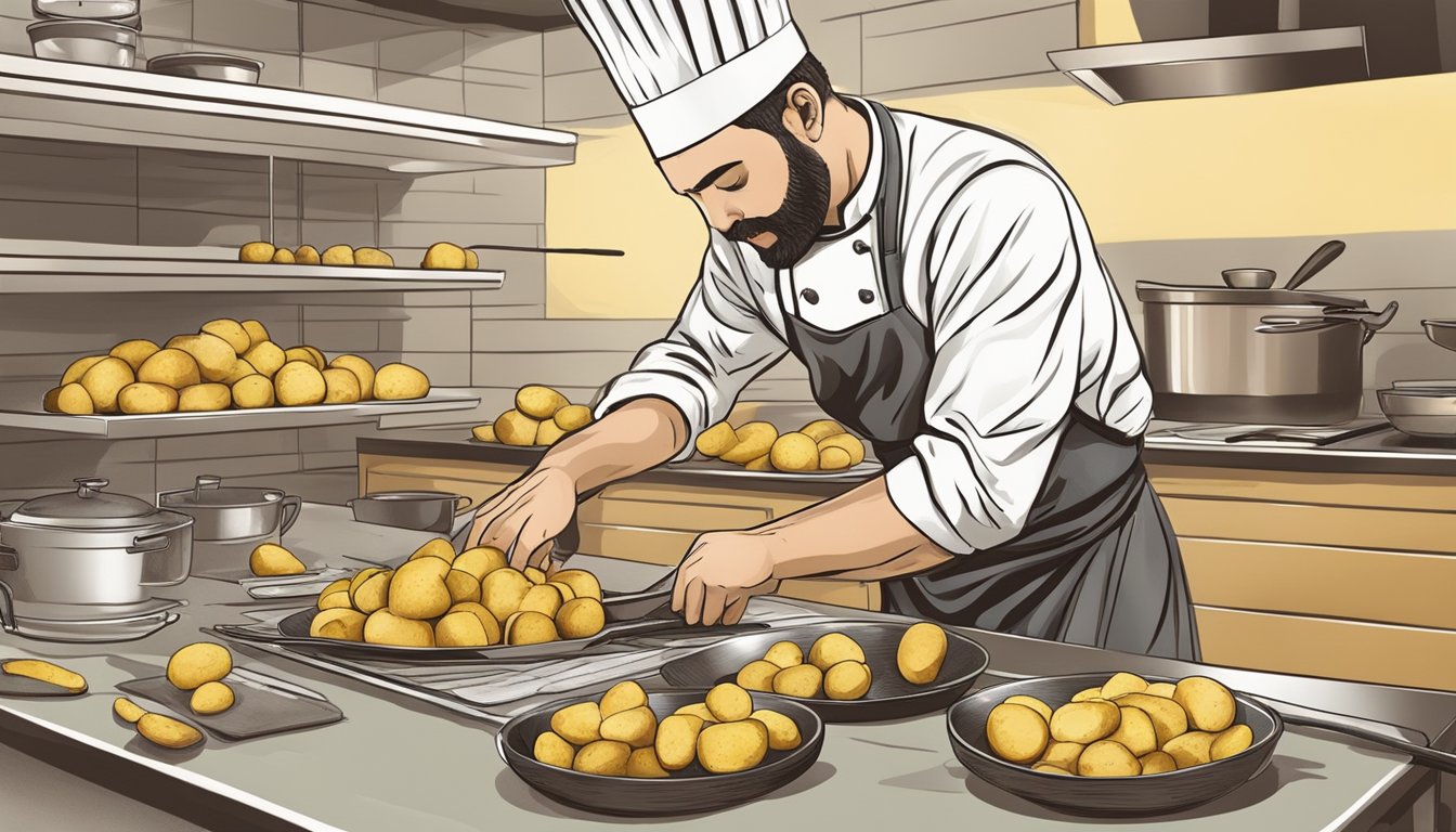 A chef slicing and seasoning fresh potatoes for breakfast