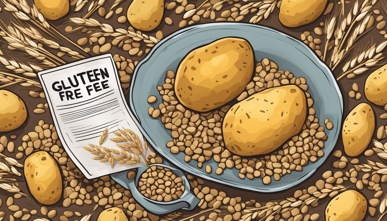 A pile of breakfast potatoes with a "gluten-free" label, surrounded by wheat grains and a caution sign