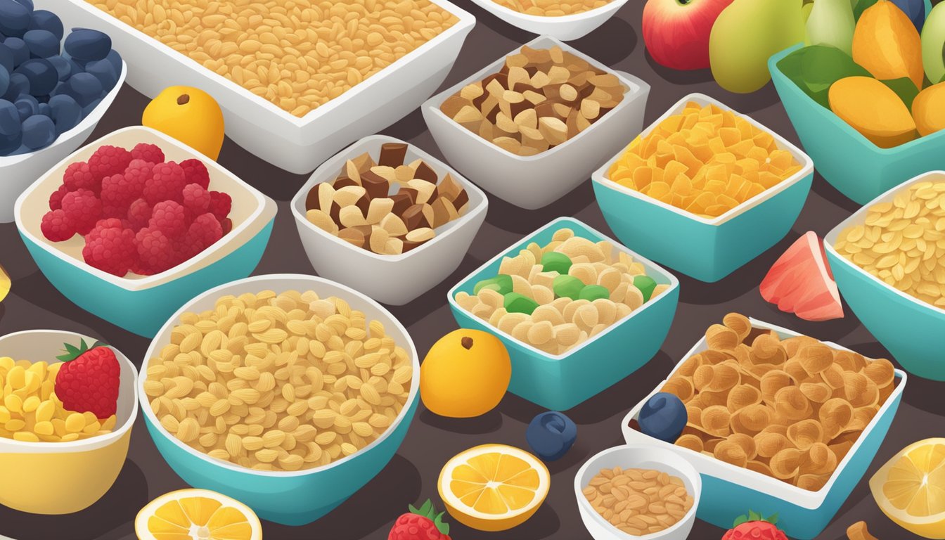 A table filled with colorful boxes of specialty cereals, surrounded by fresh fruits and a measuring tape, highlighting the focus on diet considerations