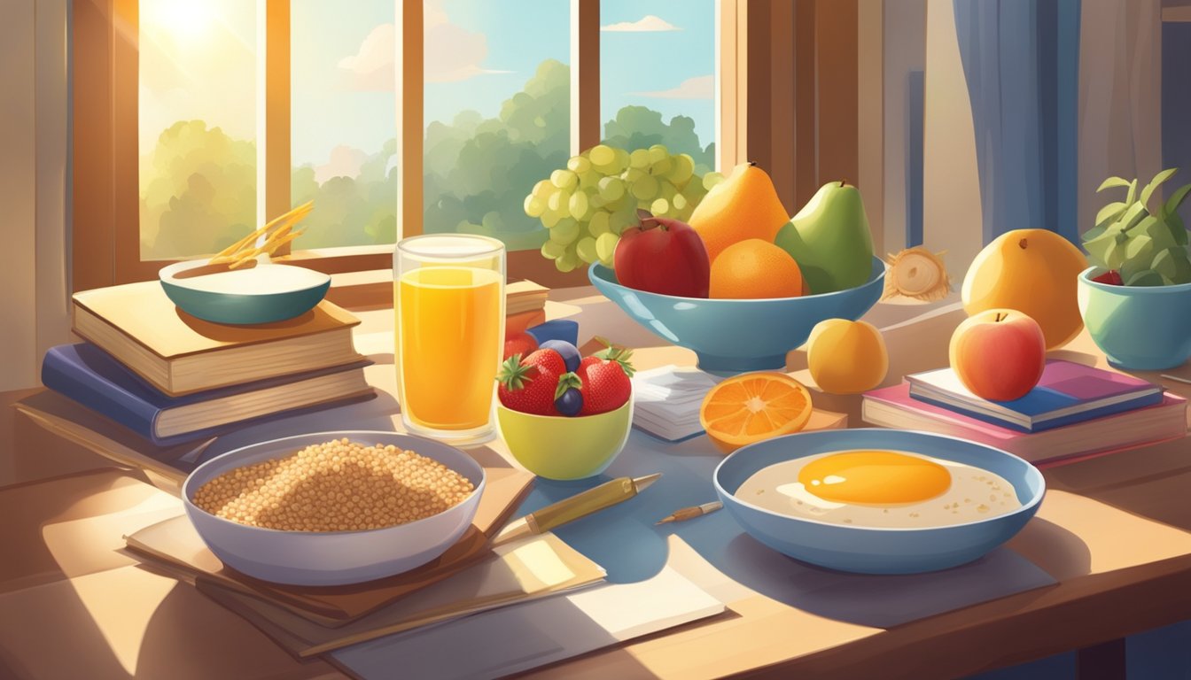 A table set with a balanced breakfast of fruits, grains, and protein, surrounded by books and school supplies. Sunlight streams through a window