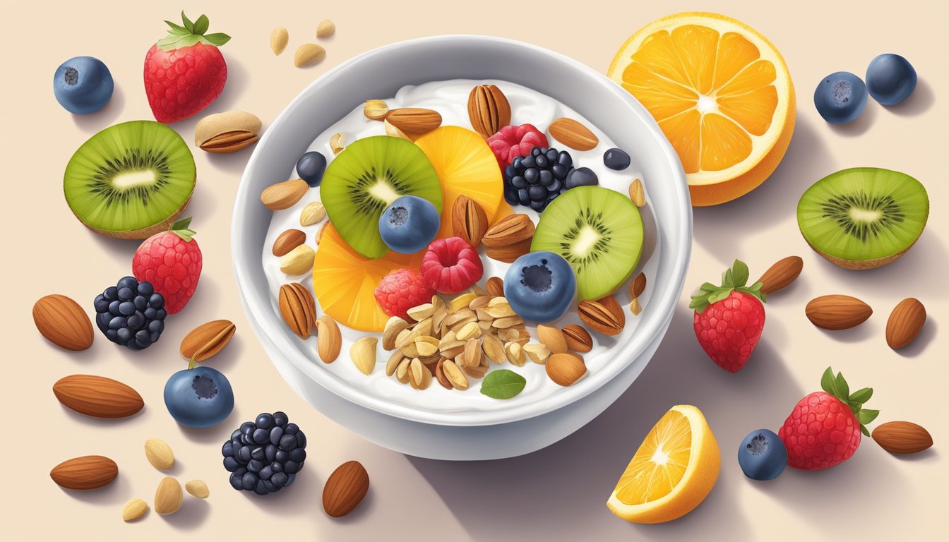 A colorful breakfast bowl with a variety of fresh fruits, nuts, seeds, and yogurt arranged in an aesthetically pleasing manner