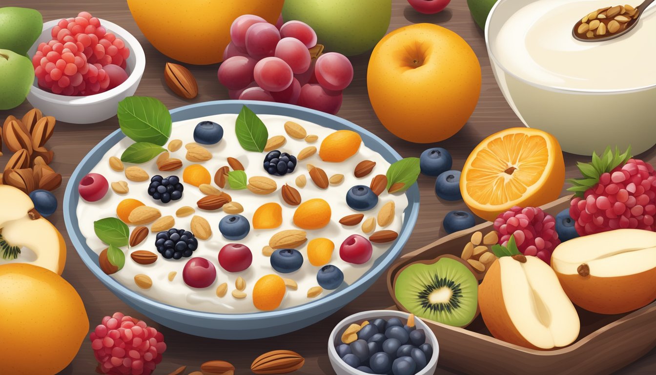 A table with a variety of fresh fruits, nuts, seeds, and grains arranged neatly next to a bowl of yogurt, ready to be mixed together for a healthy breakfast bowl