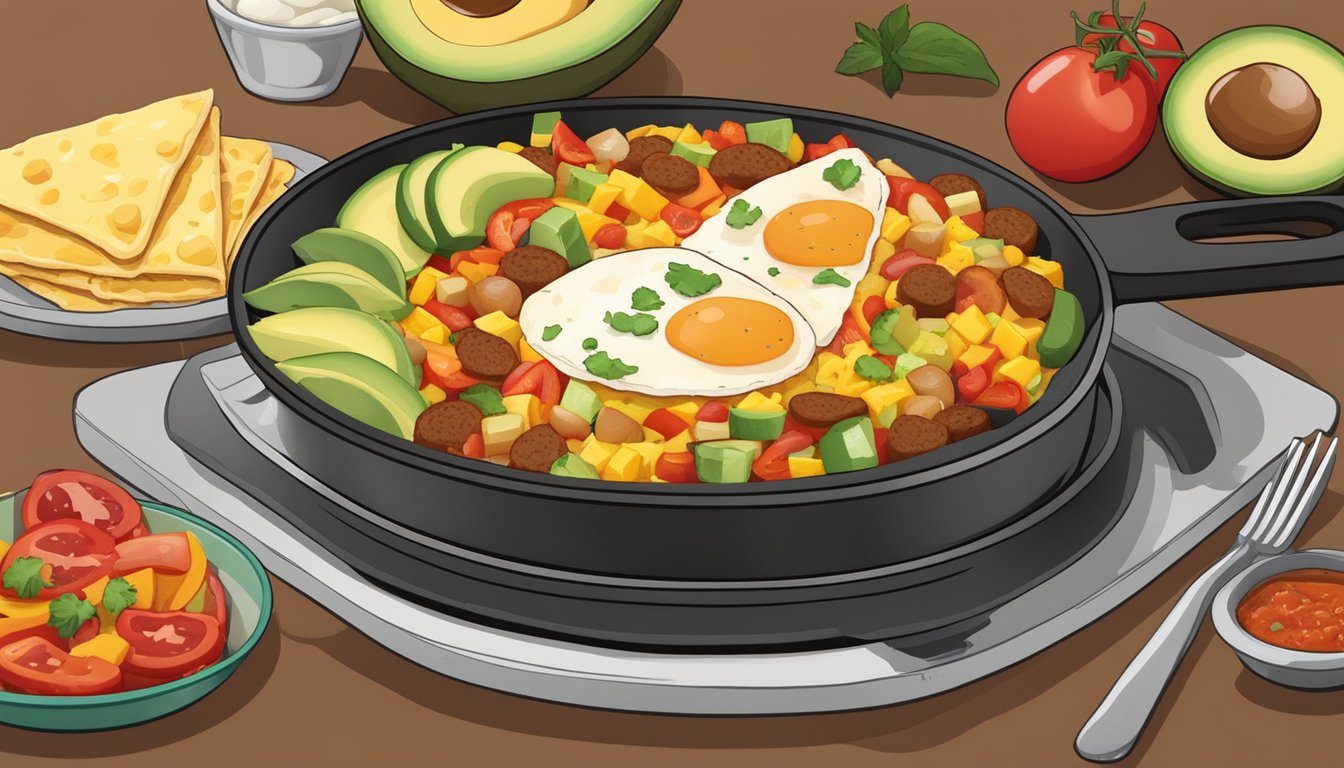 A sizzling skillet holds a breakfast burrito, filled with eggs, cheese, and spicy chorizo, alongside a colorful array of fresh salsa and avocado slices