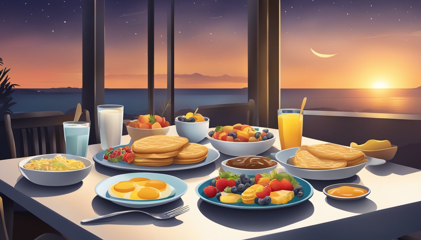 A dining table set with breakfast foods at night, with a sunset in the background