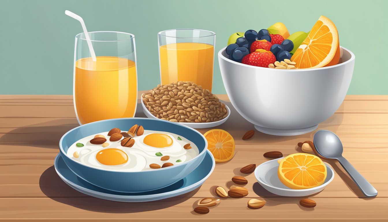 A breakfast bowl filled with fresh fruits, nuts, and yogurt sits on a wooden table next to a glass of orange juice and a plate of whole grain toast