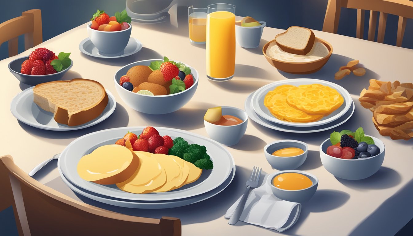 A dinner plate with breakfast foods, set on a dining table in the evening light