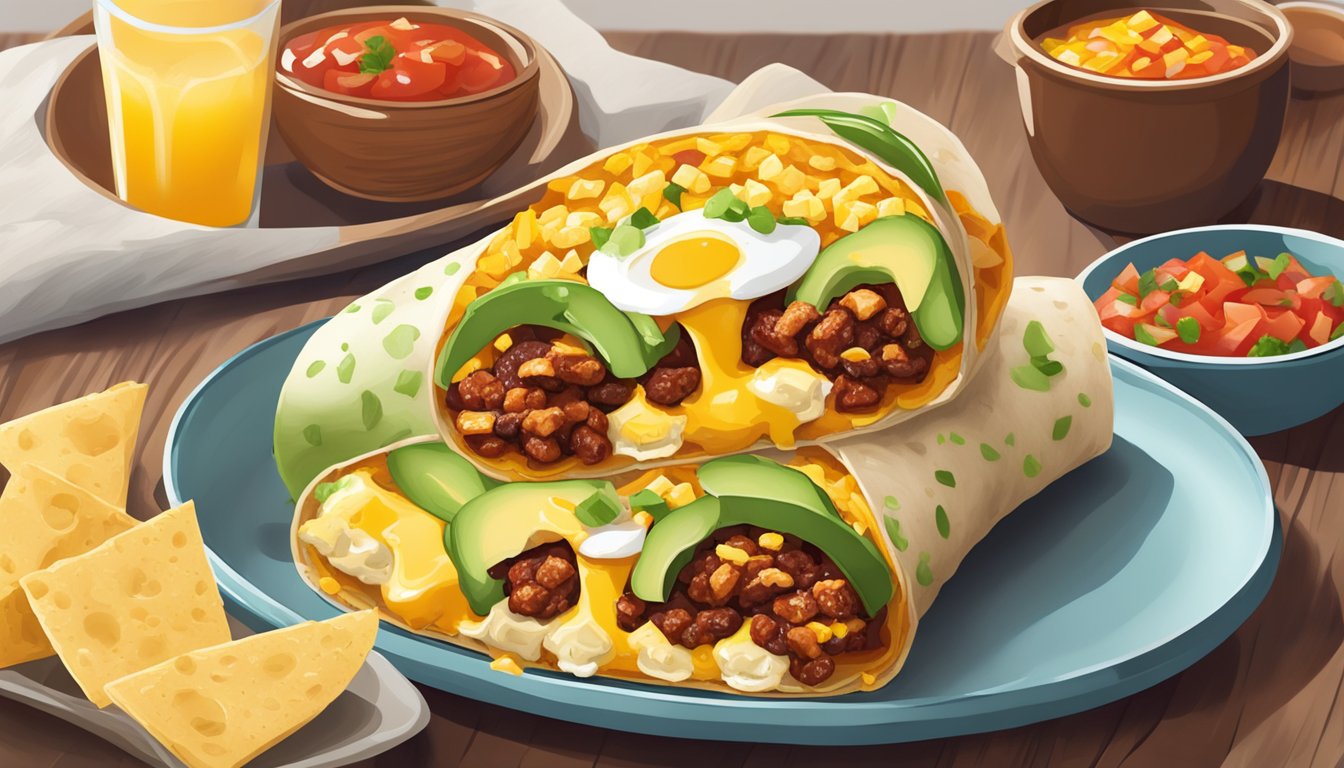 A sizzling breakfast burrito with eggs, cheese, and spicy chorizo, topped with fresh salsa and creamy avocado slices