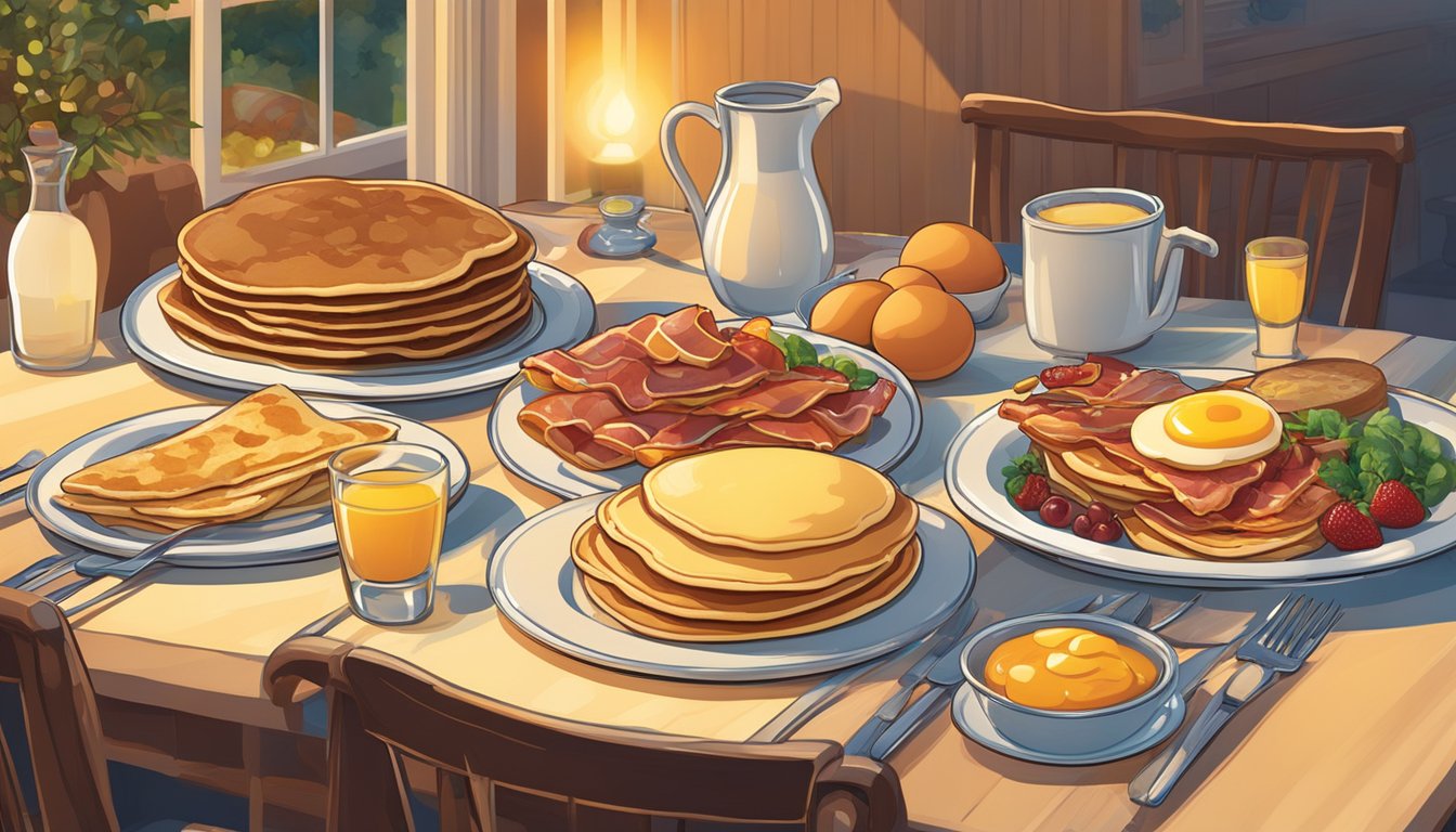 A dinner table set with a spread of breakfast foods - pancakes, eggs, bacon, and fruit - illuminated by the warm glow of evening light