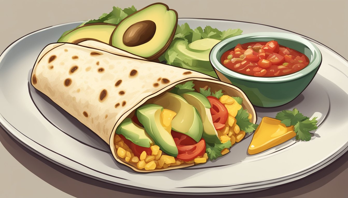 A plate with a breakfast burrito, salsa, and avocado