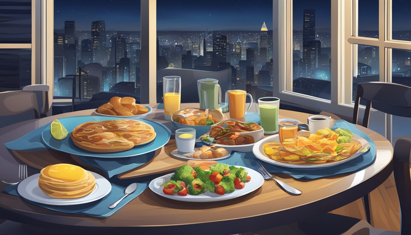 A dining table set with breakfast foods at night, surrounded by modern gadgets and a busy, urban backdrop