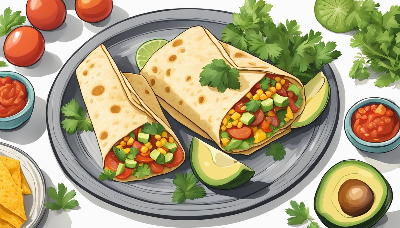 A colorful breakfast burrito surrounded by vibrant Mexican ingredients like salsa, avocado, and cilantro on a plate