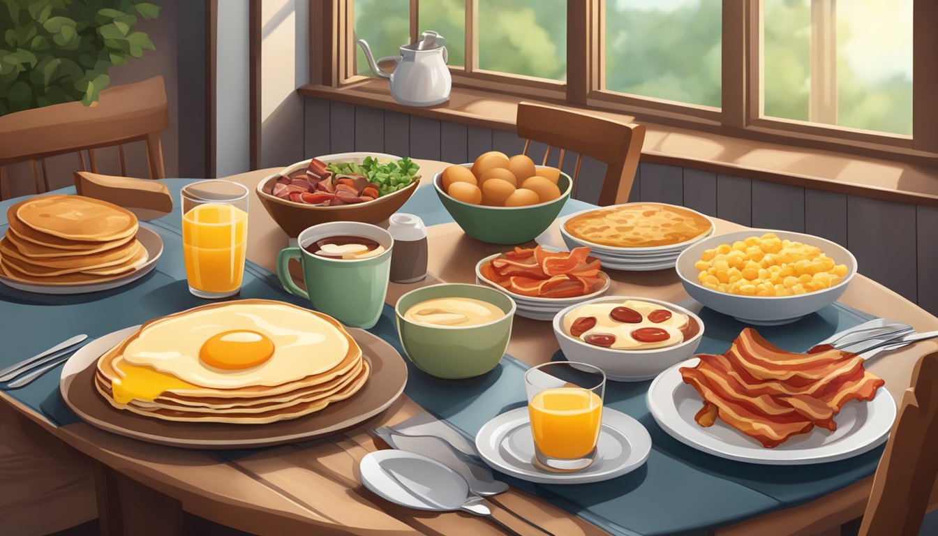 A cozy living room with a table set for dinner, featuring a spread of breakfast foods like pancakes, bacon, and eggs, with a warm, inviting atmosphere