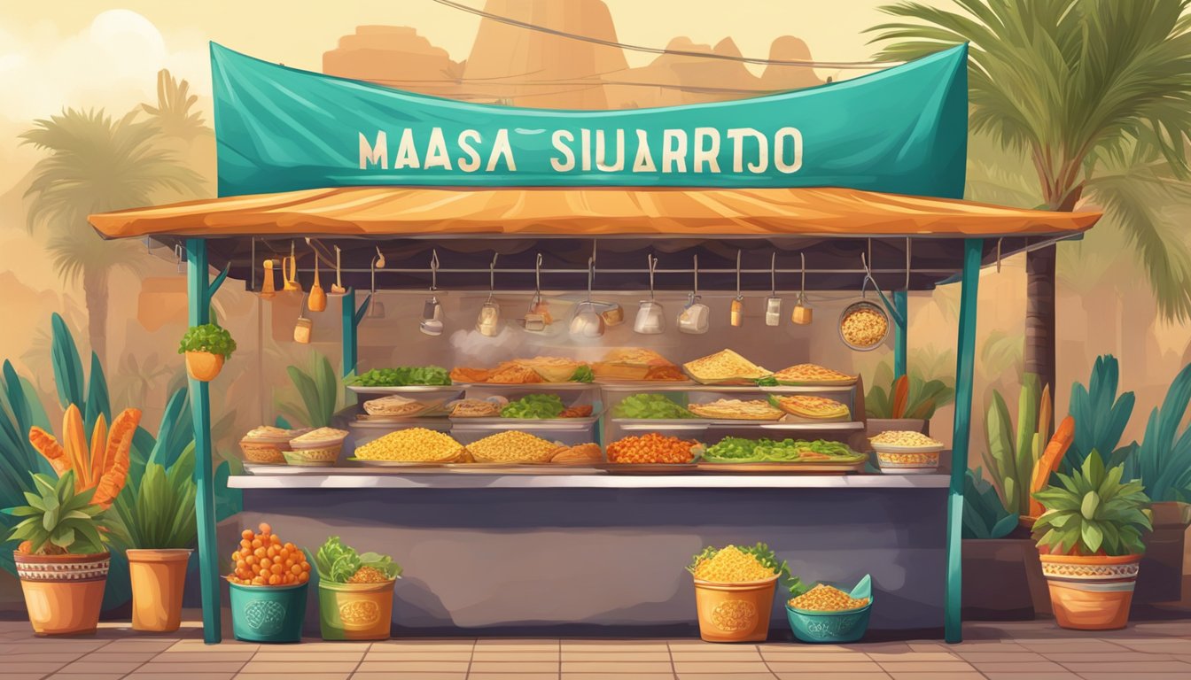 A colorful market stall with steaming breakfast burritos and traditional Mexican decor