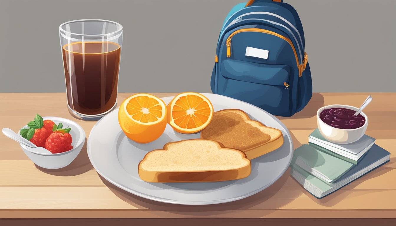 A table set with a bowl of cereal, a glass of orange juice, and a plate of toast with jam. A backpack and school books are nearby