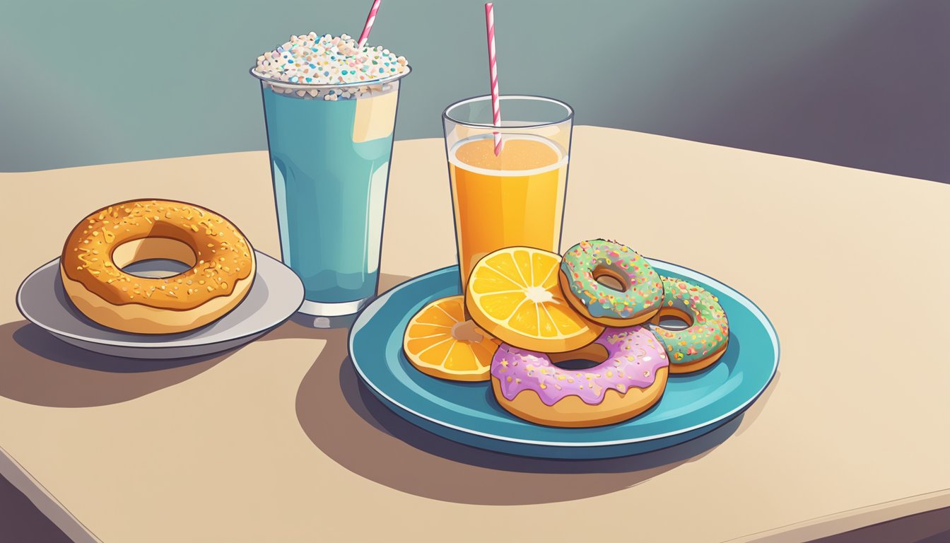 A table with a plate of sugary cereal, a glass of soda, and a half-eaten donut. A wilted banana and orange sit untouched