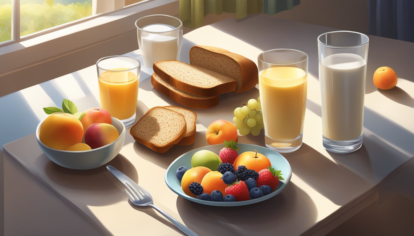 A table set with a variety of colorful fruits, whole grain bread, and a glass of milk, with a morning sunlight streaming in through a window