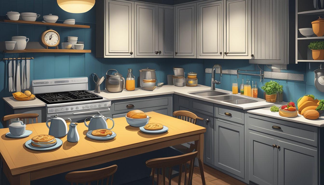 A darkened kitchen with an untouched breakfast spread as the clock strikes noon