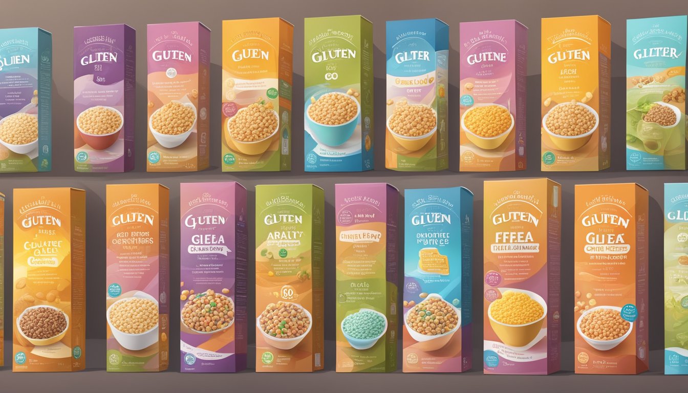 A colorful array of gluten-free cereal boxes with various ingredients and nutrition information displayed prominently on the packaging